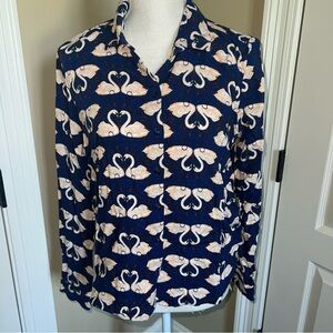 Monkl blue Swan design button down Long Sleeve Blouse collared  Size S